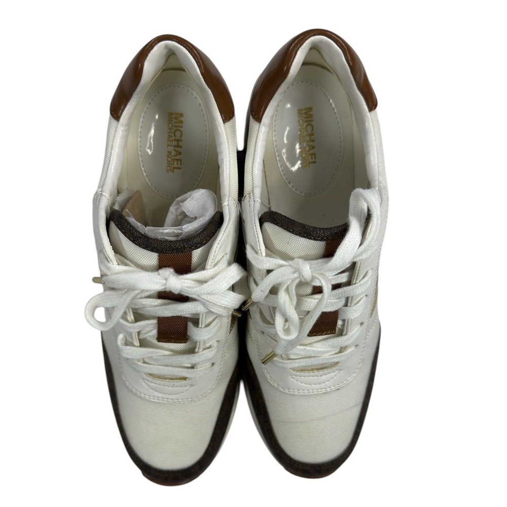 Michael Kors Georgie Wedge Sneakers 7 Brown White Logo Trainer Luxury Streetwear - Picture 4 of 11